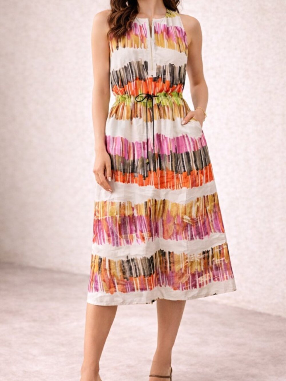 Worth New York Abstract Brushstroke Linen Sleeveless Midi Dress Size 2